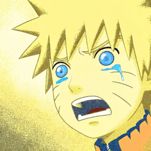 Close-up of Naruto, with wild blonde hair and intense blue eyes. Wearing a torn orange and blue outfit. Background blurred, emphasizing his pained expression and emotional distress.
