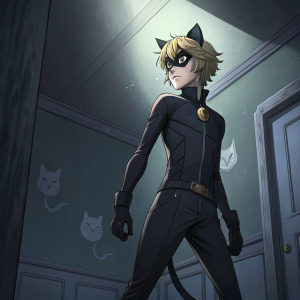 Adrien Agreste, known as Chat Noir, from Miraculous Ladybug. Standing in a dimly lit room, adorned in a sleek black outfit with cat-themed motifs. The walls are a dark shade of grey.