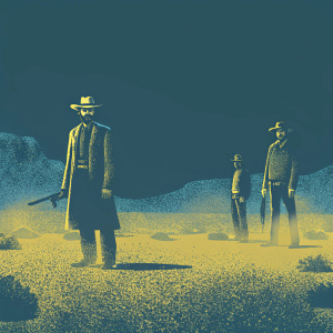 A colorized version of a famous scene from 'The Good, the Bad and the Ugly'. Clint Eastwood, Lee Van Cleef, and Eli Wallach are depicted in a desert setting.