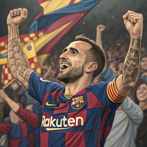 Paco Alcacer, in Barcelona FC jersey, celebrating. Close-up of raised arms. Crowd in background with varied attire.