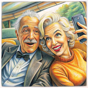 Albert Einstein and Marilyn Monroe take selfie in car