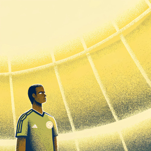 Mario Götze, intense gaze, wearing green jersey with team logos. Stadium lights shine brightly in the background.