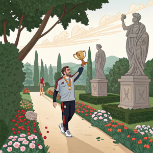 Iker Casillas leading a victorious parade. Warriors celebrating their triumph in a serene garden, filled with ancient statues and blooming flowers.