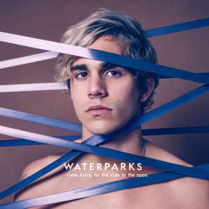 Album cover for 'Waterparks'. Dark blue background. Central figure, young Caucasian male with pensive expression. Blue geometric shapes intersect. Album title and tagline 'Come along for the ride to the moon' in white text