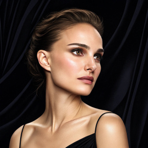 Digital illustration of Natalie Portman, with high cheekbones and expressive eyebrows. Against sleek black backdrop