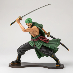 Stalwart figurine of Roronoa Zoro from One Piece series. Dynamic fighting stance. Robust physique and resolute expression