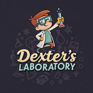 Stylized logo for Dexter's Laboratory. Dark background with pixel art character. Dexter, the boy-genius, stands out in vibrant colors. Hand-drawn font for the brand name