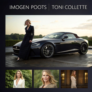 Website for Imogen Poots and Toni Collette featuring their glamorous photoshoot. Main image showcases a sleek, black sports car. Additional images highlight different angles and details. Modern, dark-themed design with elegant Hebrew text.