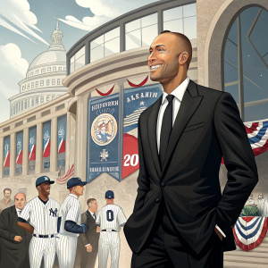 Derek Jeter, wearing a black suit and tie, at the Baseball Hall of Fame induction ceremony.