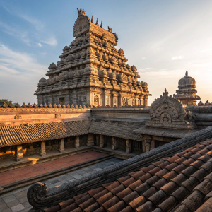 A vast and ancient temple roof with detailed carvings and tiered architecture. Sunlight casting shadows across the intricate design.