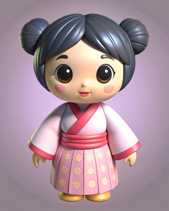 muñeca adorable con caracteristicas asiaticas con vestuario asiatico y peinado asiatico con colores pasteles y aspecto adorable y redondo y ojos asiaticos