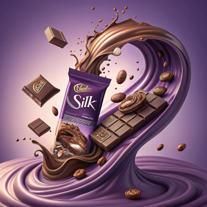 Digital ad for Cadbury's Silk chocolate. A cascade of chocolate bars and packaging, seemingly melting into a flowing chocolate wave. Purple gradient background.