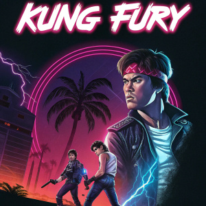 Stylized movie poster for 'Kung Fury'. Dark background with neon elements. Text is large, modern font. Featured at Comic-Con