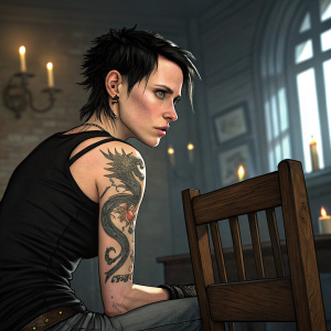 Lisbeth Salander, the protagonist from 'The Girl with the Dragon Tattoo', sitting on a wooden chair. Her left arm bears a large dragon tattoo. In the background, a flickering candlelight illuminates a dimly lit room.