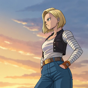 Digital illustration of Android 18 from Dragon Ball series. Blonde hair, confident stance, against sunset sky background.