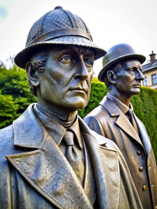 A bronze statue of Sherlock Holmes and Dr. Watson