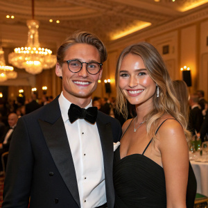 Ollie Proudlock and Emma Louise Connolly, smiling and posing at a charity gala event.