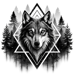 valknut runes pattern geometric symbols - wolf and trees - tattoo design - perfect realistic art - high-definition - grey and black - white background 