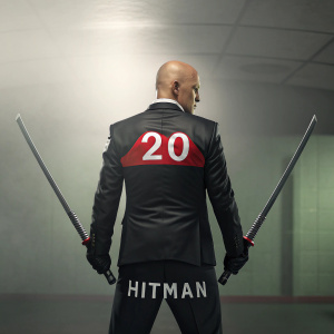 A no-nonsense, bald assassin named Hitman. Clad in a sleek black suit and blood-red tie, he wields dual katana swords. The number '20' and 'HITMAN' emblazoned on his back. Simple, dimly lit backdrop.