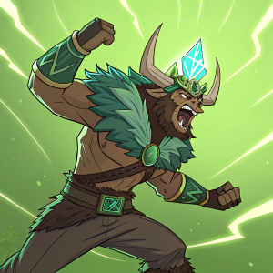 Alistar, the stout Minotaur from League of Legends, is depicted in a dynamic pose. He wears a vibrant, crystalline headpiece and has a rugged, muscular physique. The background is a bright, neon green, creating a stark contrast.