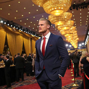 Alexander Ludwig, wearing a navy suit and a red tie, at the award show. Crowded hall with golden decorations.
