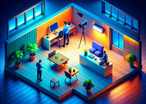 isometric view of a loft with people shooting a video with cameras, people working on computers on a desk in the corner