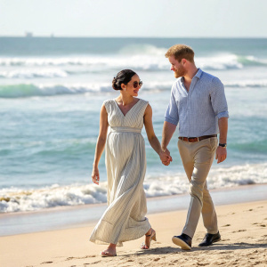 Meghan Markle and Prince Harry strolling on a sunny beach. Ocean waves crashing in the background.