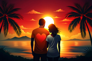 Let's have a t-shirt print for Valentine's Day with a picture of a couple hugging each other and a sun about to set in the background.