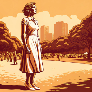 Morena Baccarin, with short, wavy blonde hair, dressed in a white dress and silver heels, standing in a bustling city park.