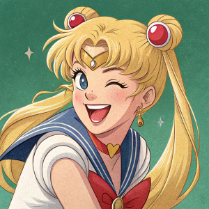 Close-up illustration of a cheerful Sailor Moon character, playful wink and smile, blonde hair, iconic Sailor Moon attire, solid green background.