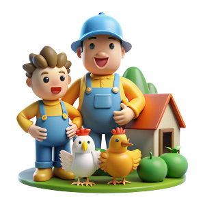 poultry farms with farm management 3 cartoon with hands and eyes like Disney 