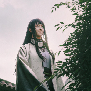 Hinata Hyuga from Naruto, with long purple hair and traditional attire, standing against a vivid green backdrop.