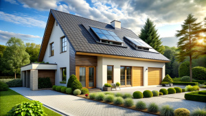 Modern eco friendly passive house with solar panels on the gable roof, driveway and landscaped yard