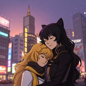 Digital artwork featuring Yang Xiao Long and Blake Belladonna from RWBY. Yang holds Blake in an affectionate embrace. The background showcases a bustling cityscape at dusk with vibrant neon lights.