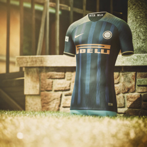 Digital rendering of Inter Milan's 4th kit for FIFA19. Predominantly dark blue with Firenze logo and modern design elements. FIFA19 branding visible at top. Sophisticated dark backdrop highlights the athletic aesthetic of the jersey.