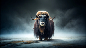 Close up of a big musk oxen standing in a lonely landscape , very minimalistic, black background, foggy and stormy weather , style minimalistic , realistic style , wide angel photography