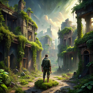 Concept art for a post-apocalyptic world with ruins, overgrown vegetation, and a lone survivor