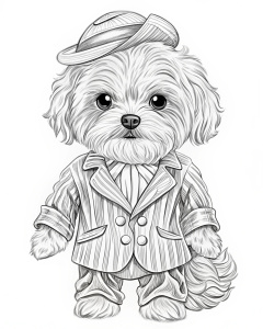 maltesedressed fashionably in Gucci style, line art, black and white outline, chibi style, Animal Outline for kids coloring book