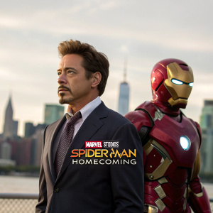 Robert Downey Jr., as Tony Stark, and an Iron Man figure stand before a blurred cityscape. The backdrop showcases Marvel Studios logo and 'Spider-Man: Homecoming' title.