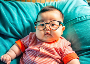 a fat chubby asian baby with glasses