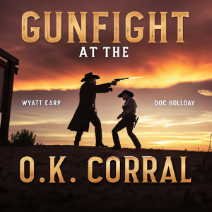 A dynamic poster for 'Gunfight at the O.K. Corral'. The backdrop features a tense showdown under a dramatic sunset sky. Key figures like Wyatt Earp and Doc Holliday stand in front of the O.K. Corral, ready for the iconic confrontation. Shadows and silhouettes add to the thrilling atmosphere.