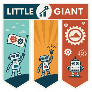 Creative branding design for Little Giant. Showcases a series of robot-themed logos in diverse sizes.