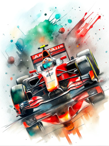 f1 car with water color splash behind it