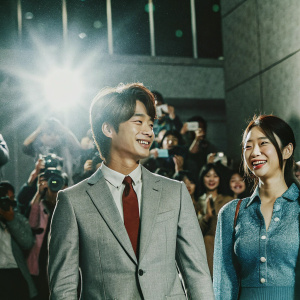 Minho and Sulli at a Seoul premiere. Minho in a sleek grey suit with a vibrant red tie, Sulli in a blue blouse. They stand side by side, beaming smiles, against a backdrop of flashing cameras and a sea of fans.