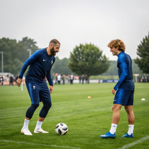 Karim Benzema and Antoine Griezmann in training session. Grass field, wearing France's blue uniforms.