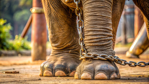 An elephant has a chain tied to its leg with a pole, close up to legs