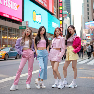 Blackpink members, Jennie, Rosé, Lisa, and Jisoo in matching casual wear. Street style photo shoot in vibrant cityscape