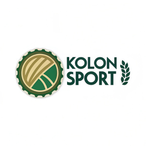 A creative logo for Kolon Sport featuring a circular badge with green and beige tones, placed on the left, alongside the brand name in a sleek sans-serif font on the right.