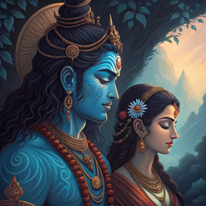 Lord Shiva and Parvati, vibrant blue and dark hues, intricate detailing, rich colors, Hindu mythology scene.