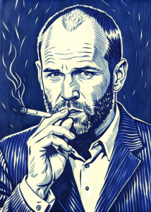 Jason Statham smokes a cigarette